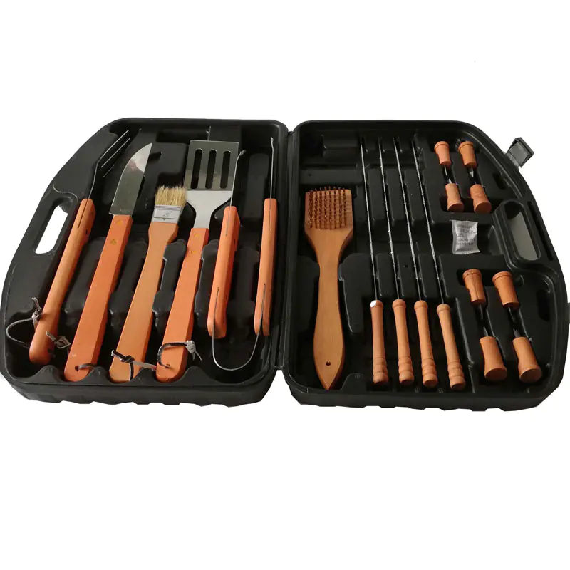 Outdoor Camping Heat Resistance Wooden Handle BBQ Tools Set with Plastic Case