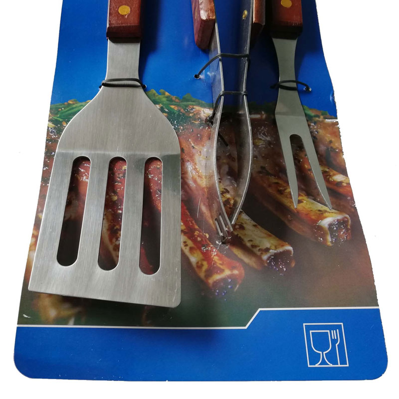 3PCS Wooden Handle BBQ Tools Set with Cardboard-3% Off For Bulk Order