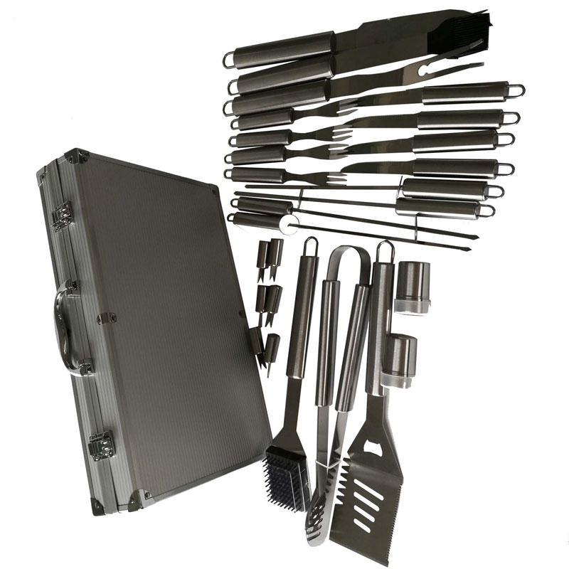 Easily cleaned Stainless Steel 26pcs BBQ Tools Set with Aluminum Case