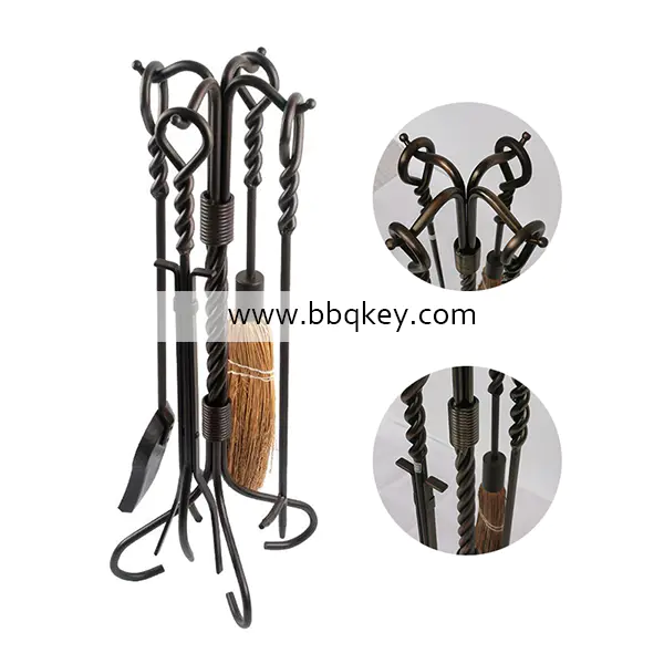 Wrought Iron Antique Brass Fire Place Tools Set 4 pcs Fireplace Tools