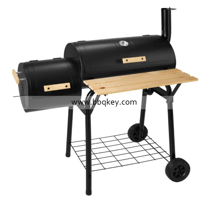 No Smoke Charcoal Grill Smoker Trolley With Thermometer Side Table Tray
