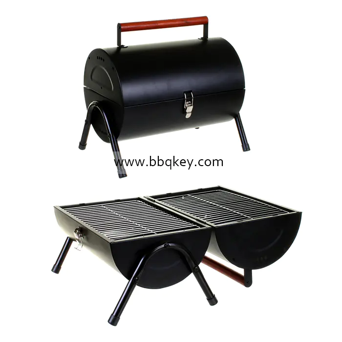 Outdoor Portable Black-coated Barrel Table Top BBQ Cooking Grill With Lid/Stopper Thermometer