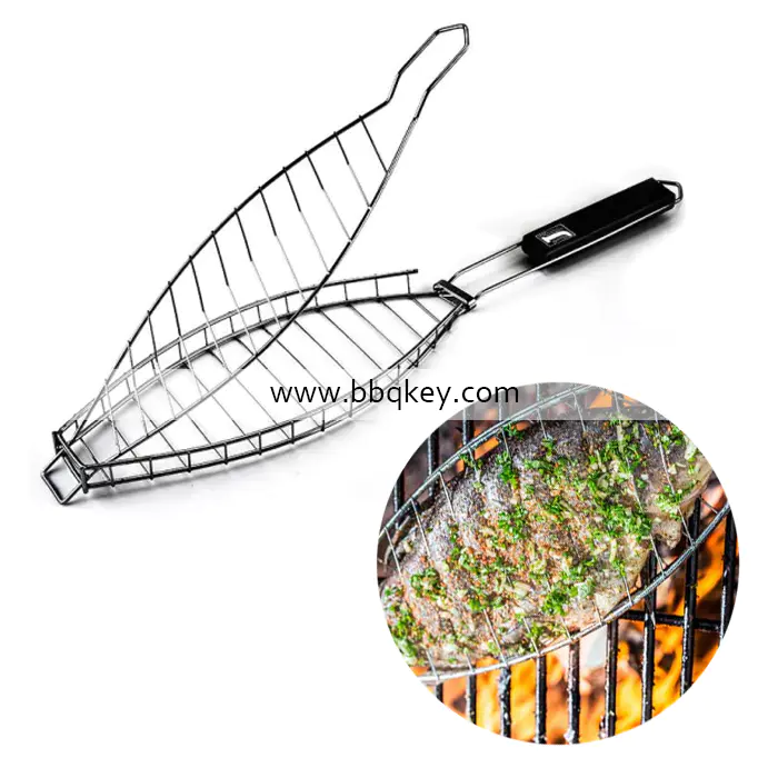 Helpful BBQ Fish Basket Wire With Folding Handle 304 Stainless Steel BBQ Grilling Basket