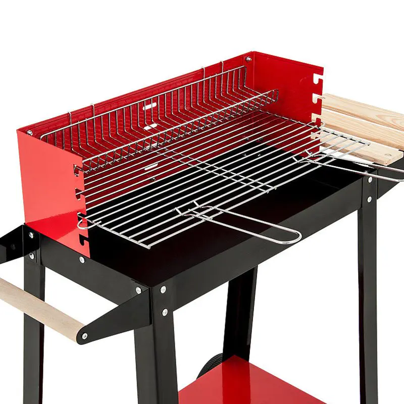 Red Rectangular Charcoal Patio BBQ Grill With Side Table